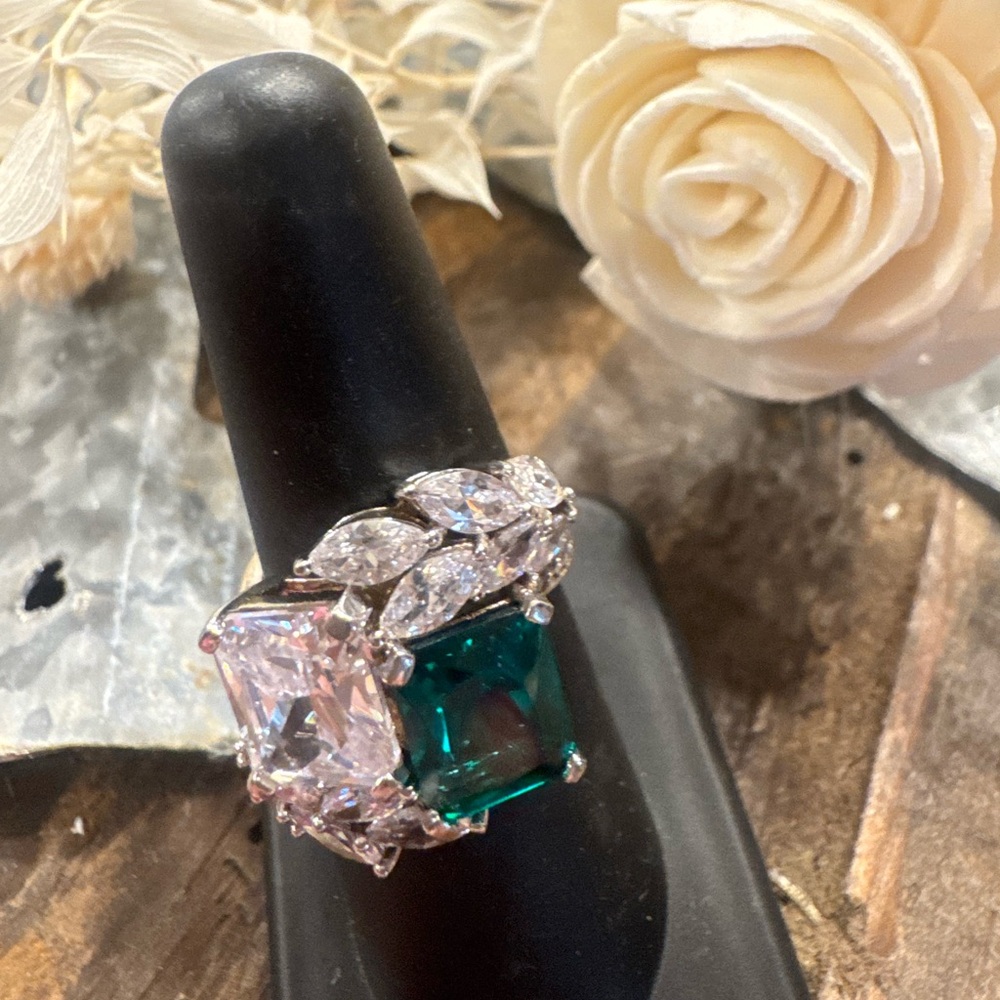 Simulated Emerald and Multi-Shaped CZ Sterling Silver Ring.